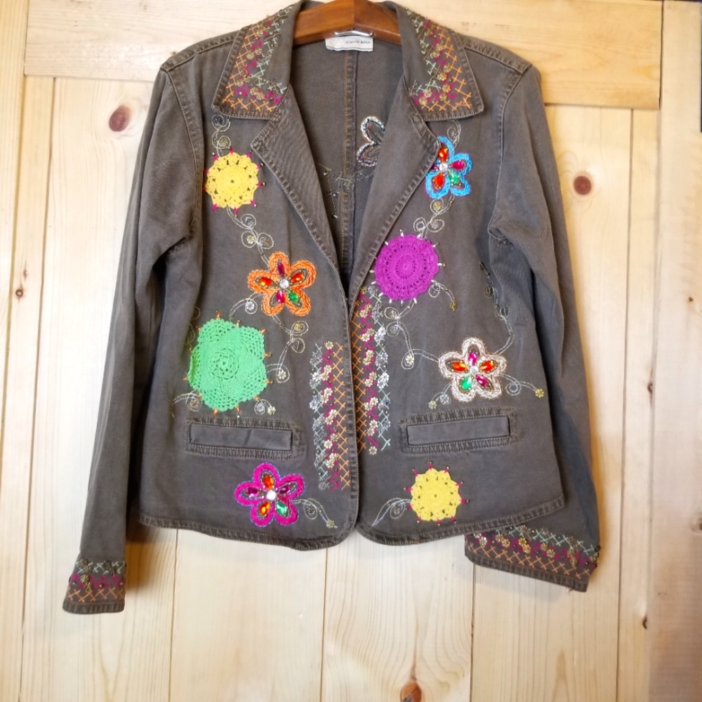 Vintage Carrie Allen Boho Embroidered Embellished Cotton Denim Jacket
